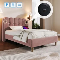 Practical Single Bed with USB and Type-C Charging Ports, Cozy Bed Frame with Grille Design Panel Headboard, 197L x 103W x 103H cm, Pink(m-5)