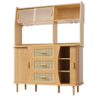 Adjustable-Feet Dining Room Cupboard with Wine Glass Holders, High-quality Sideboard with for Kitchen or Hallways, 140L x 40.5W x 174.5H cm, Wood(m-10)