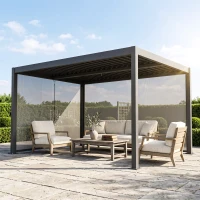 Outsunny Pergola bioclimatique 4x3m, pergola aluminium avec lames orientables, manivelle, stores latéraux coupe-vent, gris foncé(m-11)