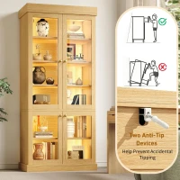 Modern Freestanding Display Cabinet with Height-Adjustable Shelves, LED Lighted Tall Showcase for Industrial Interiors, 80L x 40W x 180H cm, Natural(m-5)