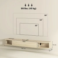 HOMCOM Meuble TV suspendu, meuble télé pour téléviseur jusqu'à 60 pouces, tiroir rabattable 2 étagères 140x24x16cm bois naturel(m-3)