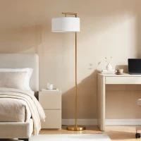 HOMCOM Lampada da Terra Moderna in Metallo e Paralume in Tessuto, Lampada da Lettura E27 47x37x153cm, Oro e Bianco(m-10)