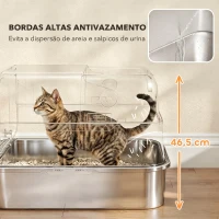 PawHut Caixa de Areia para Gatos em Aço Inoxidável para Gatos Grandes com Tampa Basculante Laterais Altas 70x50x46,5 cm Cinzento(m-5)
