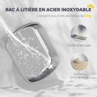 PawHut Bac à Litière Fermé en Inox, Couvercle Amovible, Entrée Frontale et Sortie Supérieure, Pelle, 52,4x41,3x39,8cm, Blanc(m-4)