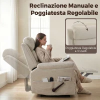 HOMCOM Poltrona Massaggiante Reclinabile Manuale 135° Riscaldante, Poggiatesta Regolabile 3 Livelli, Ciniglia, Crema(m-5)