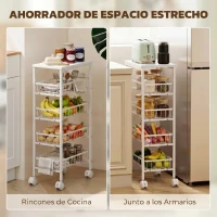 HOMCOM Carrito Auxiliar con Ruedas 4 Cestas Extraíbles Carga 15 kg Marco Metálico para Comedor Baño 40x24x82 cm Blanco(m-6)