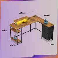 Bureau d'angle en L avec éclairage LED, plateau surélevé pour moniteur + crochet pour casque, 142x118x87,5 cm, Marron(m-7)