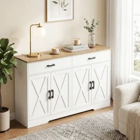 HOMCOM Sideboard Buffet Schrank, 140 cm Farmhaus Küchen-Schrank mit 2 Schubladen und 2 Schränken, Weiß(m-9)