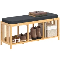 HOMCOM Bamboe Schoenenbank, Halbank met Gewatteerd Zitkussen en Open Vakken, Naturel Houtlook(m-11)