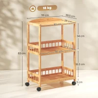 HOMCOM Keukenwagen met 3 niveaus, Serveerwagen met opbergruimte, Keukenrek op wielen, voor keuken, badkamer, kantoor, Natuurlijk hout(m-3)