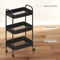 HOMCOM Multifunctionele wagen Rollwagen Keukenwagen, 3 planken, 4 wielen, 45 cm x 30,6 cm x 79 cm, zwart(m-6)