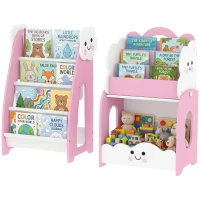 AIYAPLAY 3-in-1 Kinderregal mit Spielzeugaufbewahrung, Modularer Bücherregal mit 4 Taschen & 3 Ebenen sowie Nachttisch, Rosa(m-11)