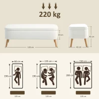 HOMCOM Opbergzithocker, zithocker met 65 L opbergruimte, voetensteun, fleece-stof, rubberhout, schuim, 120 x 42 x 45 cm, Crèmekleurig(m-3)