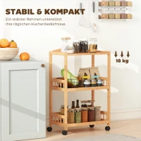 HOMCOM Keukenwagen met 3 niveaus, Serveerwagen met opbergruimte, Keukenrek op wielen, voor keuken, badkamer, kantoor, Natuurlijk hout(m-8)