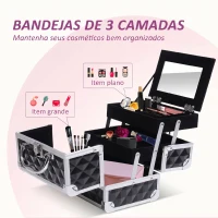 HOMCOM Estojo de Maquilhagem Organizador Cosméticos Profissional Portátil com Fecho e Vários Compartimentos 20x15x15 cm, Preto(m-6)