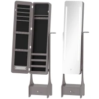 HOMCOM Espejo Joyero con Luces LED Armario Joyero con Espejo Entero de Ángulo Ajustable Cajón Luces Apagado Automático Gris(m-1)