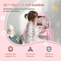 HOMCOM Tavolo da Trucco per Bambini con Sgabello e Triplo Specchio, in Legno e Acrilico, 63x40x85.5 cm, Rosa(m-4)