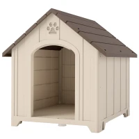 PawHut Caseta para Perros Exterior Casa para Perros Grandes de Plástico con 2 Ventanas Base Elevada Estacas Beige(m-11)