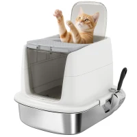PawHut Bac à Litière Fermé en Inox, Couvercle Amovible, Entrée Frontale et Sortie Supérieure, Pelle, 52,4x41,3x39,8cm, Blanc(m-12)