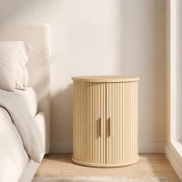 HOMCOM Mesa de Cabeceira Redonda Ranhurada com Porta Deslizante, para Quarto e Sala, 40x40x50cm, Carvalho(m-2)