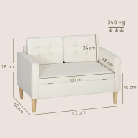 HOMCOM 2-zitsbank met opbergruimte en knoopgestikte rug, fluweel, 117×62×78 cm, crèmewit(m-3)
