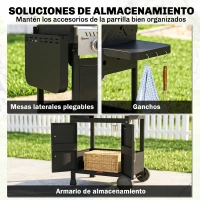 Outsunny Barbacoa de Gas con 3 Quemadores 7,5 kW Termómetro Parrilla Plancha Mesas Laterales Armario Ruedas 125x57x110 cm Negro(m-7)