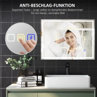 HOMCOM LED Badkamerspiegel met Verlichting, Anti-condensfunctie, 3 Verstelbare Kleurtemperaturen, Klok, 60 x 80 cm, Zilver(m-7)