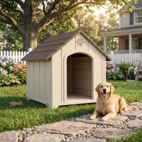 PawHut Caseta para Perros Exterior Casa para Perros Grandes de Plástico con 2 Ventanas Base Elevada Estacas Beige(m-8)