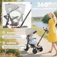 AIYAPLAY Triciclo per Bambini 6 in 1 con Maniglione di Spinta e Sedile Girevole, 111.5x52x98 cm, Grigio(m-5)