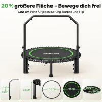 Rebounder-Trampolino per adulti, pieghevole, maniglione regolabile, pedane antiscivolo, 102x102x106 cm, Nero+Verde(m-6)