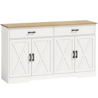 HOMCOM Sideboard Buffet Schrank, 140 cm Farmhaus Küchen-Schrank mit 2 Schubladen und 2 Schränken, Weiß(m-1)