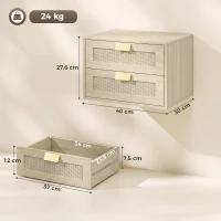 HOMCOM Juego de 2 Mesitas de Noche Flotantes con 2 Cajones con Frente de Ratán Natural para Dormitorio 40x30x27,6 cm Roble(m-3)
