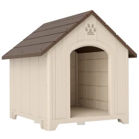 PawHut Caseta para Perros Exterior Casa para Perros Grandes de Plástico con 2 Ventanas Base Elevada Estacas Beige(m-1)