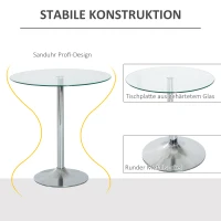 HOMCOM Ronde Eettafel met Glazen Tafelblad, Metalen Frame, Zilverkleurig(m-4)