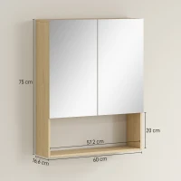 HOMCOM badkamerkast, spiegeldeuren, open rek, wandmontage, MDF, spaanplaat, eiken(m-3)