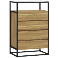 HOMCOM Cómoda Dormitorio con 4 Cajones Superficie de Vidrio Templado Estante Abierto Estructura de Acero 60x40x94,5 cm Teca(m-1)