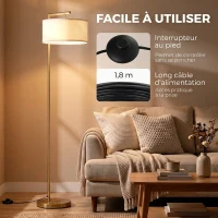 HOMCOM Lampadaire lampe à pied abat-jour en tissu de lin base ronde stable pour salle bureau or et blanc(m-5)
