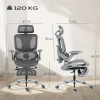 HOMCOM Ergonomiczny fotel biurowy, fotel komputerowy z siatki z oddzielnym oparciem, podparcie lędźwiowe, 4D składane podłokietniki, Szary(m-3)