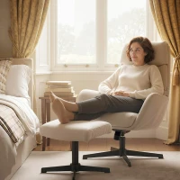 HOMCOM Gepolsterde fauteuil met voetenbank, loungefauteuil met hoge rugleuning, metalen basis, voor woonkamer, slaapkamer, beige(m-8)