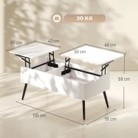 HOMCOM Couchtisch Höhenverstellbar Wohnzimmertisch mit Verstecktem Stauraum für Wohnzimmer, 50 x 100 cm, Weiß(m-3)