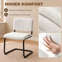 HOMCOM Esszimmerstühle 2er Set modern Freischwinger Stuhl mit hoher Rückenlehne, Teddyfleece-Optik für Küche, Esstisch Creme(m-6)