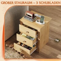 Comodino con 3 cassetti, stazione di ricarica integrata, design rustico moderno, 46,5x39,6x58,7 cm, rovere chiaro(m-4)