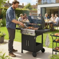Outsunny Barbacoa de Gas con 3 Quemadores 7,5 kW Termómetro Parrilla Plancha Mesas Laterales Armario Ruedas 125x57x110 cm Negro(m-2)