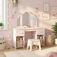 AIYAPLAY Toeletta per Bambini con Sgabello, Specchi, Cassetti e Armadietti in Legno, Età 3+ Anni, Rosa(m-8)