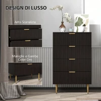 HOMCOM Cassettiera da 4 Cassetti Moderna, Comò con Maniglie Dorate e Dispositivo Antiribaltamento, 60x40x96 cm, Nero(m-5)