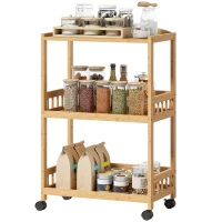 HOMCOM Keukenwagen met 3 niveaus, Serveerwagen met opbergruimte, Keukenrek op wielen, voor keuken, badkamer, kantoor, Natuurlijk hout(m-10)
