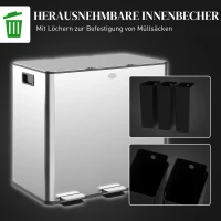 HOMCOM Vuilnisemmer met 3 x 20 L compartimenten, Deodorantdeksels, vingerafdrukbestendig, Soft-Close, uitneembaar, Zilver(m-7)