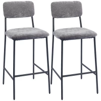 HOMCOM Set van 2 barkrukken, gepolsterde hoge stoelen voor keukentafel en huisbar, rugleuning, voetsteun, stofbekleding, staal, grijs(m-1)