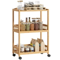 HOMCOM Keukenwagen met 3 niveaus, Serveerwagen met opbergruimte, Keukenrek op wielen, voor keuken, badkamer, kantoor, Natuurlijk hout(m-11)
