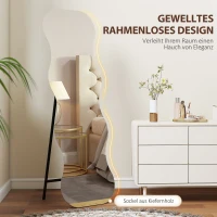 HOMCOM Spiegel voor het hele lichaam zonder frame, houten basis, flexibel plaatsbaar, golvende vorm, zwart(m-6)
